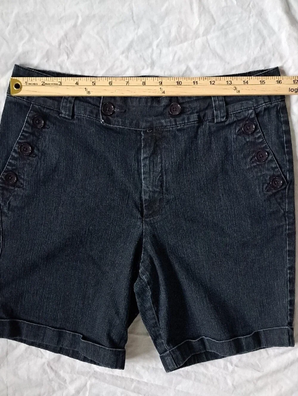 Indigo Dark Wash Button-Accent Denim Bermuda Shorts Chic Preppy Utility Size 12